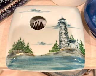 another view - Vtg. Signed Georgetown porcelain lighthouse planter w/wire flower frog