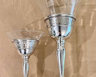 Vtg. Redlich & Co. Sterling wine glasses w/etched glass - 8 large wine glasses and 7 small glasses
