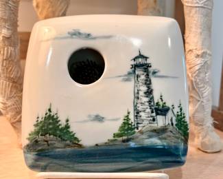 Vtg. Signed Georgetown porcelain lighthouse planter w/wire flower frog