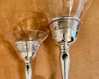 another view - Vtg. Redlich & Co. Sterling wine glasses w/etched glass - 8 large wine glasses and 7 small glasses