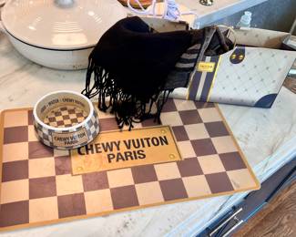 "Chewy Vuiton" Paris dog mat and bowl
