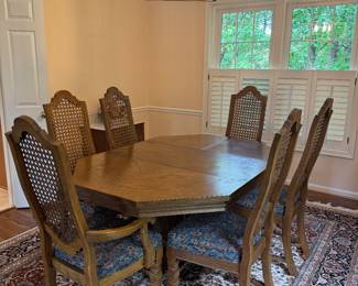 Stanley Furniture Octagonal Pedestal Dining Table (44"L & 18" x 44"W x 29"H) & Stanley Furniture Caned Back Upholstered Seat Dining Table Chair (2 Armchairs / 4 Side Chairs) (21"W x 46" Back Height x 24"D)