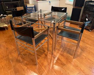 James David Inc 1970s Vinyl, Wood & Chrome Armchair (Set of Four) with Glass Top & Chrome Dinette Table (30"H x 30"W x 29"H)