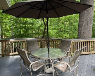 Tropitone Glass Top Outdoor Dining Table with 4 Armchairs & Umbrella