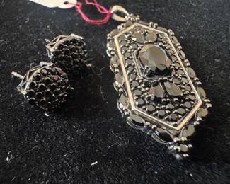 Black Spinel Rhodium Over Sterling Silver Pendant & Earrings