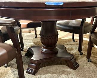 Solid round wood pedestal, Clawfoot Table with Poker table removable top (50.5rndx30”h)
& 5 caster arm chairs with grommet accents
$650 (7pcs)