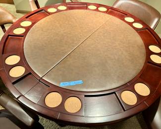 Solid round wood pedestal, Clawfoot Table with Poker table removable top (50.5rndx30”h)
& 5 caster arm chairs with grommet accents
$650 (7pcs)