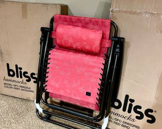 Bliss Hammock Antigravity Recliner w/ 28”w seats NIB $115ea
2 available:1 red, 1 grey Jacquered.