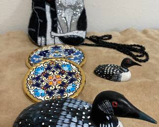 awesome cat purse, spanish plates, Canadian wooden loons