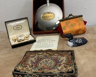 vintage fly fishing& salmon gents cuff link and tie tac set, flask vintage tapestry evening bag