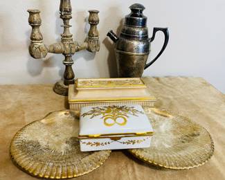 vintage French Borghese trinket box, porcelain French box, gilt porcelain clam shells, 1920's cocktail shaker