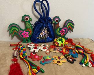 Chinese silk tassles, silk purse, silk frog, felt hens and more