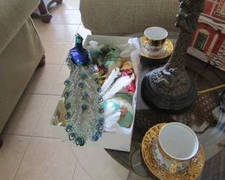 tea cups and bird ornaments