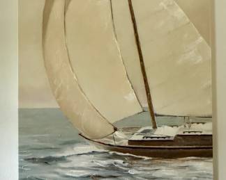 Unframed sailboat painting signed by J. Wiens