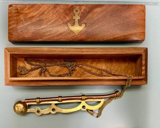 Brass and Copper Bosun Whistle with Brass Chain in Rosewood Box