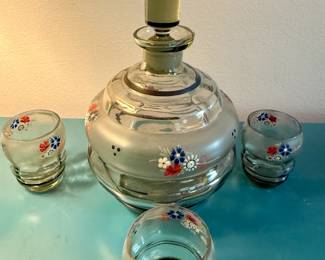 Vintage Painted Floral Carafe and 3 Glasses