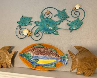 Wooden Fish made in the Phillipines and Turtle Wall Decor