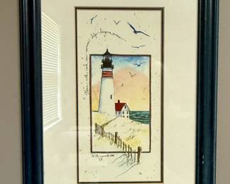 Framed lighthouse print signed by D. Morgan