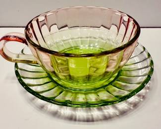 Pink and Green Glass Cup and Saucer
