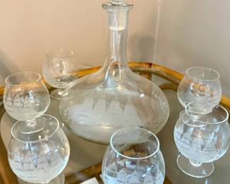Etched Clipper Ship Decanter and 6 Stemmed Glasses