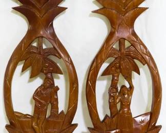 2274 - Vintage Pair Carved Wooden Pineapples 20 x 8