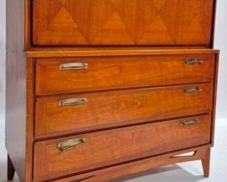 9262 - Walnut Mid-Century Gentleman's Chest fitted drawers behind drop down top door 47 x 45 x 21