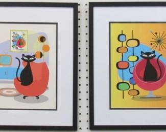 9023 - SET OF MID CENTURY MODERN CATS ON RED CHAIRS 16 X 17.5