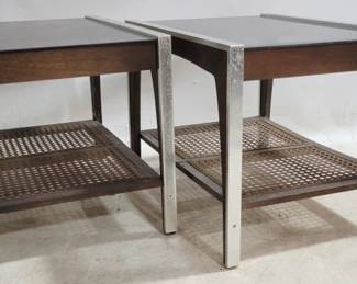 6032 - Pair Vintage Smoke Glass & Cane Shelf Tables 20 x 21 x 28