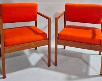 9253 - Pair Bright Orange Mid-Century Armchairs Tilting backs 30 x 22 x 21