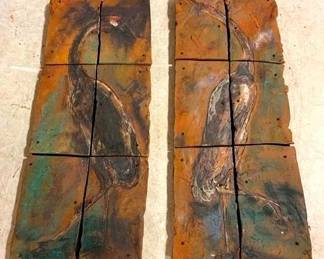 9199 - Vintage Pair Hand Painted Egrets on Tiles 48 x 19