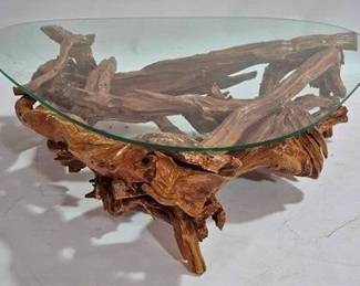 9279 - MCM Driftwood & Glass Cocktail Table 15 x 48 x 36