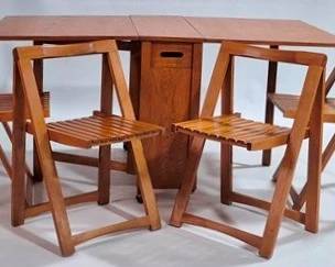 9251 - Danish Modern Teak Table & Stowaway Chairs Rolling drop side table with drawer 29 x 34 x 12 (opens to 62) 4 folding chairs