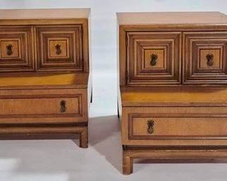 9224 - Huntley Mid-Century Step Down Bedside Stands 1 pull missing 26 x 24 x 22