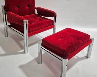 9227 - Tubular Chrome Sling Arm Chair & Ottoman Beautiful red button tuft corduroy fabric Sherwood Corp chair - 31 x 27 x 30 ottoman - 16 x 27 x 18