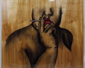 1333 - Kimberly Gibson "Smokey Lady" 24x24 Ink on Plywood