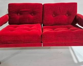 9228 - Tubular Chrome Sling Loveseat Beautiful red button tuft upholstery Sherwood Corp 29 x 50 x 30