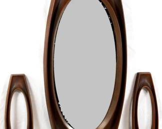 190x - Mid-Century 3 pc Mirror & Sconce Set Faux Wood sconces 16.5" tall, mirror 35 x 13