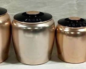 9364 - Vintage Kromex Copper 4 pc Canister Set 8", 7", 6" & 5" tall