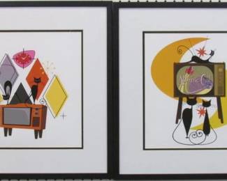 9024 - SET OF 2 MID CENTURY MODERN CATS ON TV 16 X 16