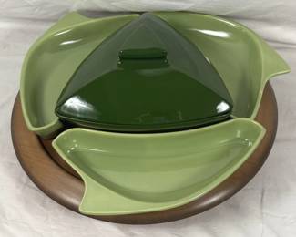 4035 - Atomic Lazy Susan Party Set 16" Round two tone green ceramic dishes, wood turntable 11" x 11" x 6"
