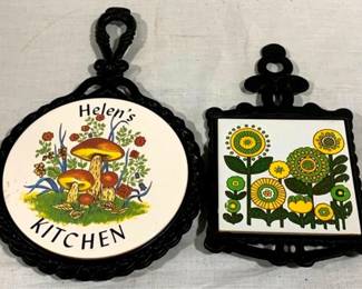 9349 - 2 Vintage Iron & Tile Trivets 11 x 7.5