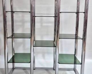 9218 - MCM Chrome & Glass Etagere, att Milo Baughman 64 x 58 x 18 tubular chrome posts, smokey glass