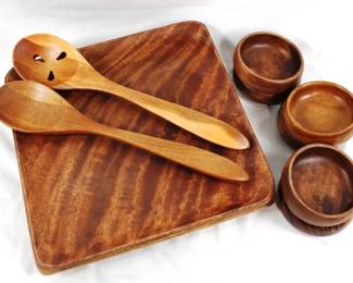 7003 - Wooden Trays with Bowls & Spoons 2 12 x 12 trays 6 bowls 2 spoons