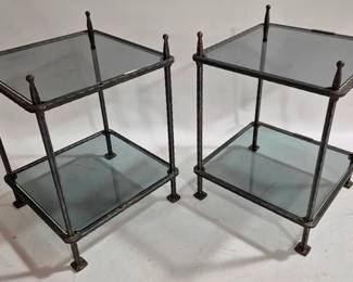 9275 - Vintage Claudio Rayes Brutalist Iron Tables Smokey Glass, both marked 28 x 20 x 20