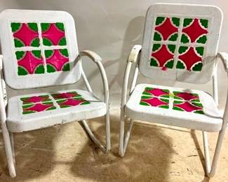 9197 - Vintage Pair Painted 1950s Metal Outdoor Chairs 35 x 22