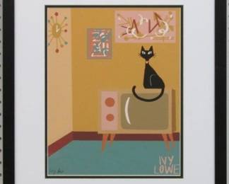 9031 - CAT ON TV HAND SIGNED GICLEE BY IVY LOWE 18.25 X 21.25