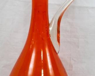699 - Orange Pitcher Vase 18", crack at handle