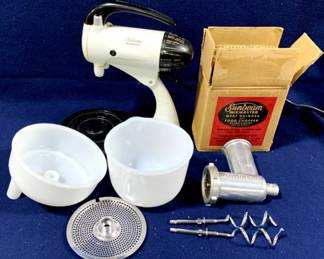 4243 - Sunbeam Mixmaster Mixer with Attachments You are buying a used as-is electric/electronic item. We do not guarantee all components are present, and if it is not expressly stated, it is untested.