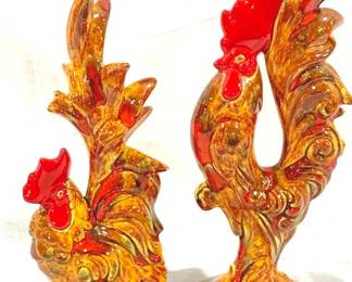 9541 - 2 Ceramic Rooster Statues - 12.5" Tall (AS IS) Chipped