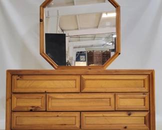 6053 - Mid-Century Oak Linear Dresser w/ Mirror 7-